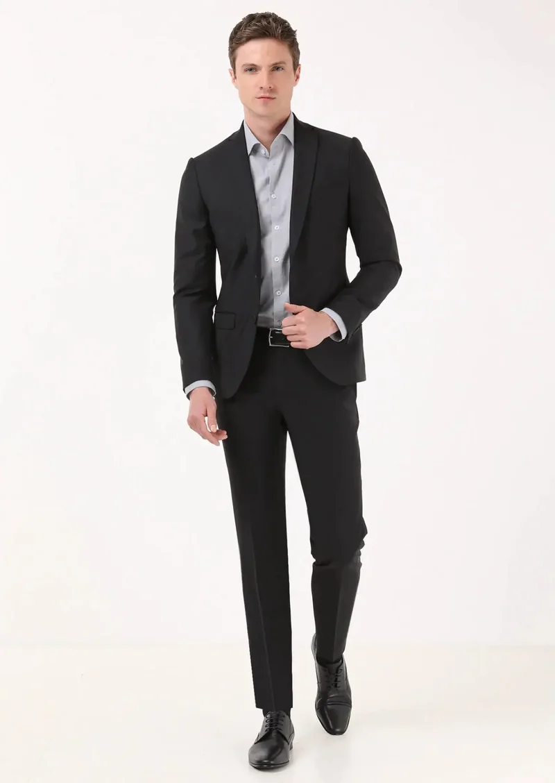 RAMSEY Black Plain Slim Fit Wool Blended Suit