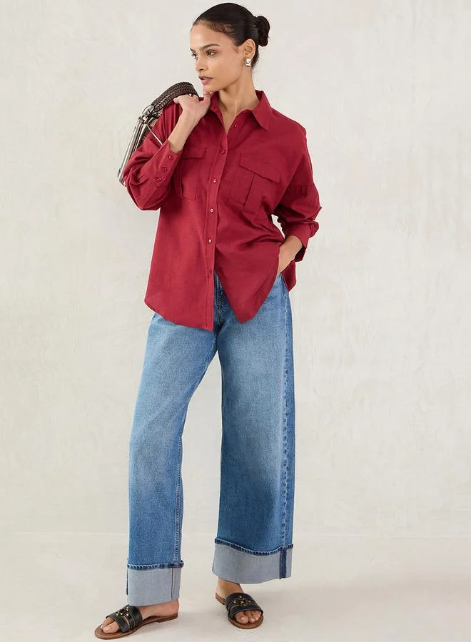 Femmella Femmella Cranberry Pocket Detail Buttoned Shirt