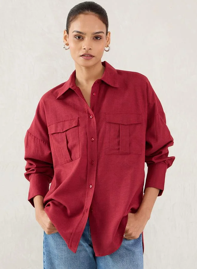 فيميلا Femmella Cranberry Pocket Detail Buttoned Shirt