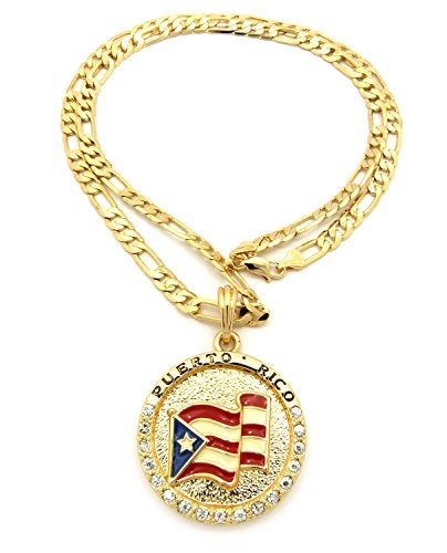 Fashion 21 Puerto Rico Flag Pendant 5mm 24" Figaro Chain Necklace Gold Tone - Image 1