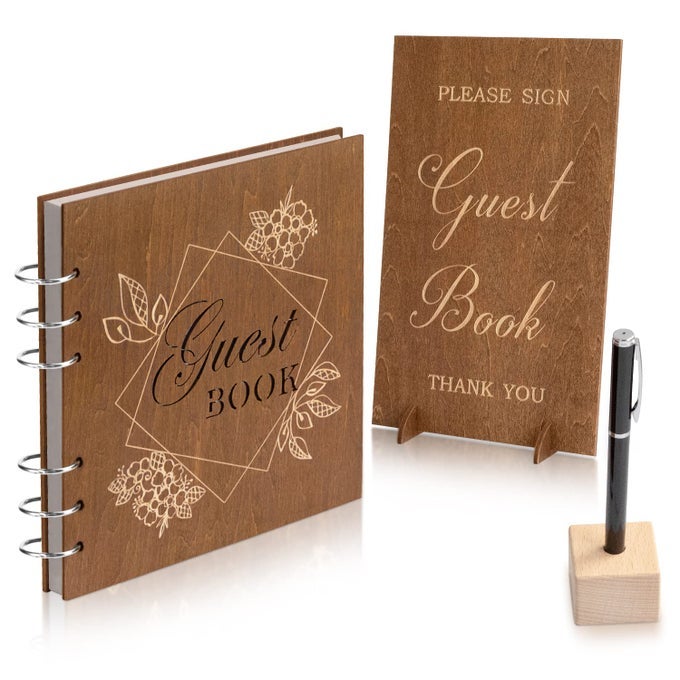 WOODEN WEDDING GUEST BOOK RECEPTION SIGN IN PHOTO ALBUM WITH TABLE SIGN PEN HOLDER HARDCOVER MEMORY REGISTRY GUESTBOOK WITH 90 WHITE PAGES FOR BABY SHOWER BIRTHDAY BRIDAL SHOWER WEDDING