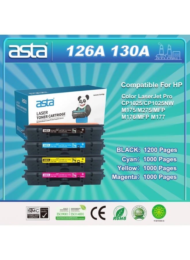ASTA 126A 130A CE310A CE311A CE312A CE313A CF350A CF351A CF352A CF353A With Upgrade Chip Universal Complete Set One Colorful Toner Cartridges Compatible For HP LaserJet Pro CP1025 CP1025NW M175 M275 MFP M176 M177 Printer High Volume Fast Clear Print - Image 1