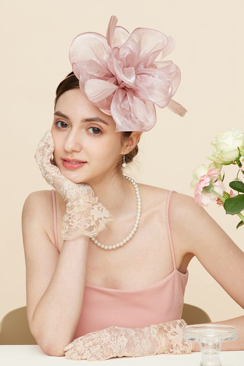 Gionforsy Kentucky Derby Hat Fascinator Veil Fascinator Headband Lace Gloves Imitation Pearl Necklace Earrings Feather Pillbox Fascinator for Wedding Tea Party (Style 6-Pink) - Image 4