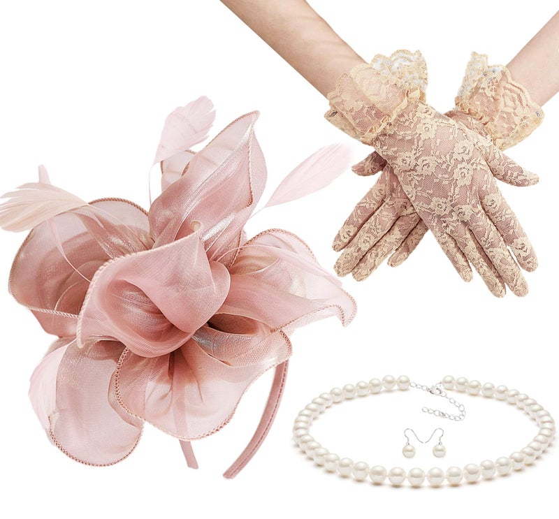 Gionforsy Kentucky Derby Hat Fascinator Veil Fascinator Headband Lace Gloves Imitation Pearl Necklace Earrings Feather Pillbox Fascinator for Wedding Tea Party (Style 6-Pink) - Image 1
