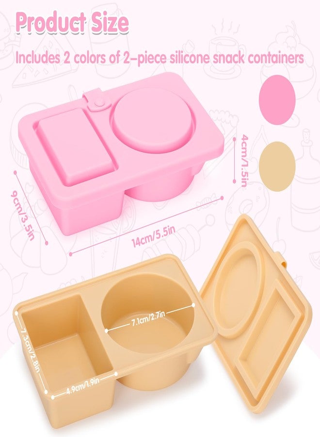 AGIFTMIND 2 PCS Silicone Snack Containers with Lids, Reusable Snack Containers Lunch Box with Double Compartment for Fruits Jams Condiments (Khaki&Pink, 2Pcs) - Image 2