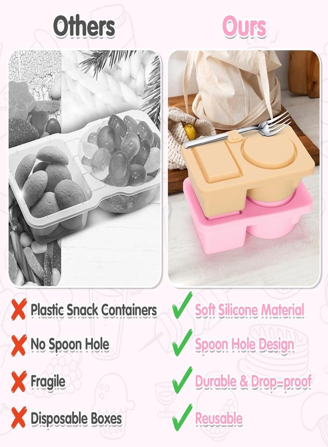 AGIFTMIND 2 PCS Silicone Snack Containers with Lids, Reusable Snack Containers Lunch Box with Double Compartment for Fruits Jams Condiments (Khaki&Pink, 2Pcs) - Image 5