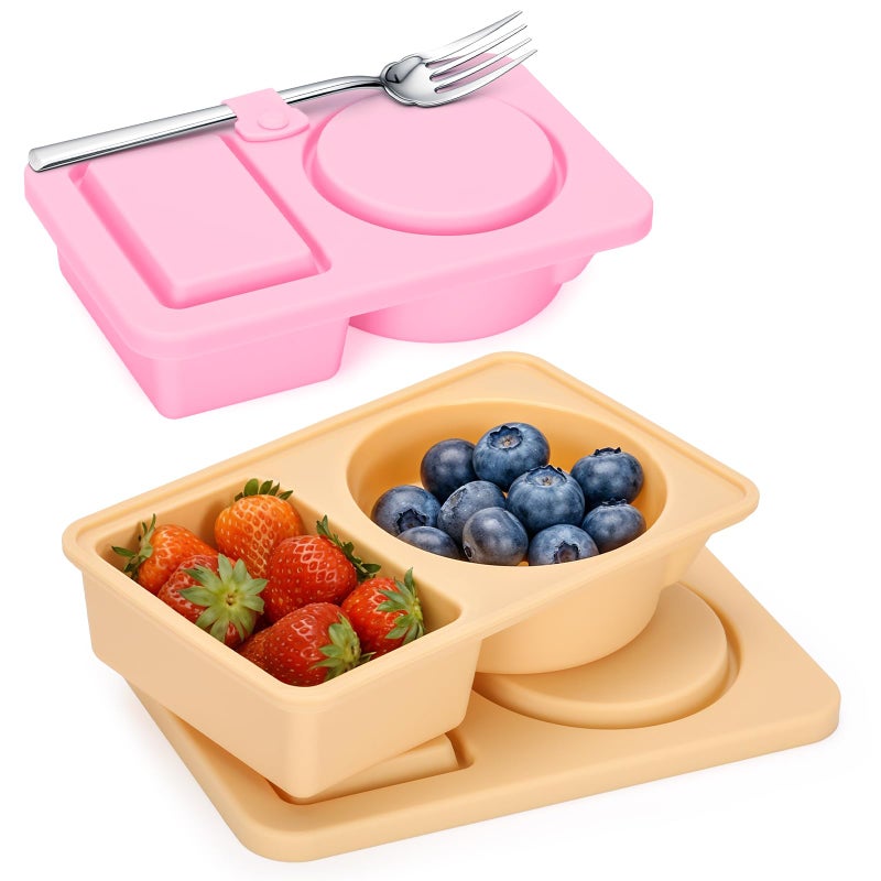 AGIFTMIND 2 PCS Silicone Snack Containers with Lids, Reusable Snack Containers Lunch Box with Double Compartment for Fruits Jams Condiments (Khaki&Pink, 2Pcs) - Image 1