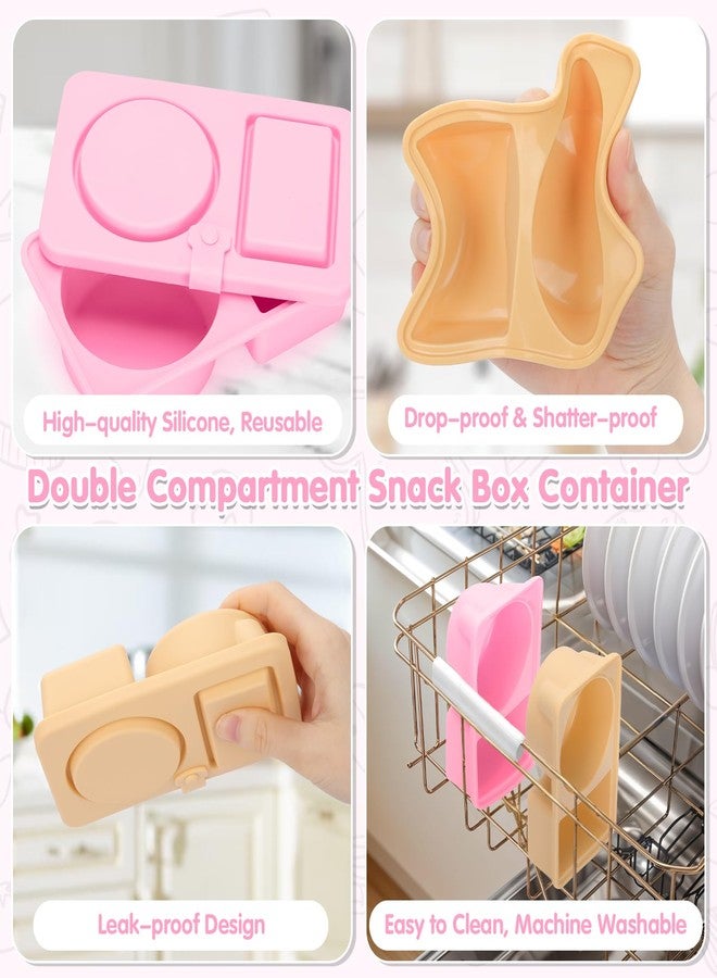 AGIFTMIND 2 PCS Silicone Snack Containers with Lids, Reusable Snack Containers Lunch Box with Double Compartment for Fruits Jams Condiments (Khaki&Pink, 2Pcs) - Image 3
