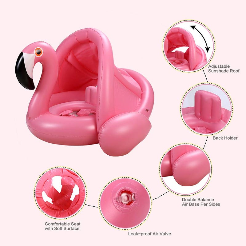 iefoah Baby Pool Float With Canopy Flamingo Inflatable Swimming Ring Infant Pool Floaties Sunshade Toys For Baby Girls Boys Toddlers Pink - Image 5