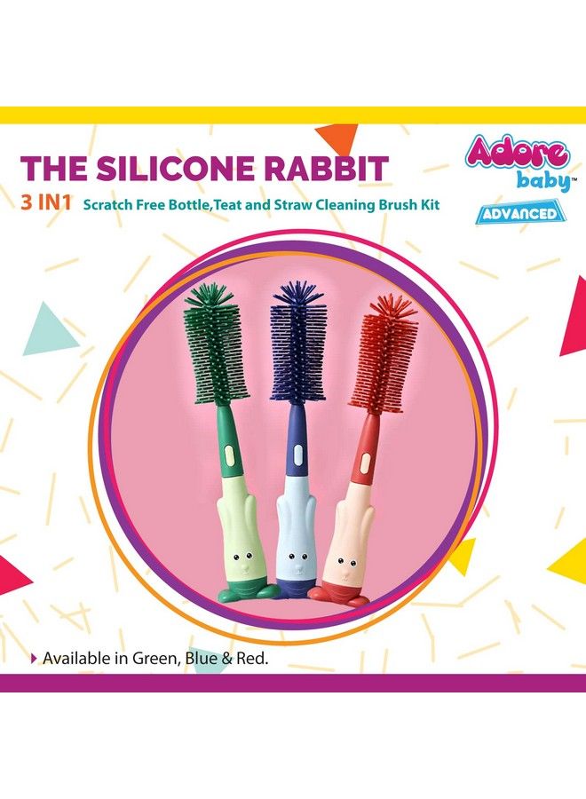 Adore Rabit 3In1 Baby Bottle Brush Silicone Bottle Brush Straw Brush Pacifier Brush Set Water Cup Cleaning Brush (Siliconepink) - Image 5