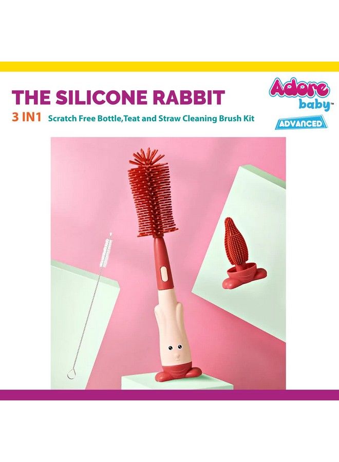Adore Rabit 3In1 Baby Bottle Brush Silicone Bottle Brush Straw Brush Pacifier Brush Set Water Cup Cleaning Brush (Siliconepink) - Image 4