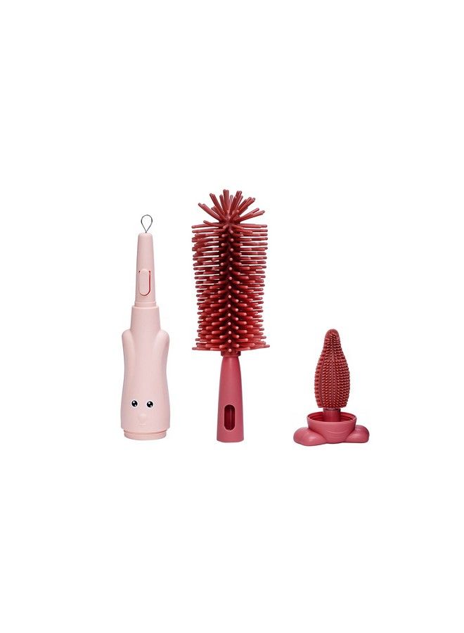 Adore Rabit 3In1 Baby Bottle Brush Silicone Bottle Brush Straw Brush Pacifier Brush Set Water Cup Cleaning Brush (Siliconepink) - Image 3