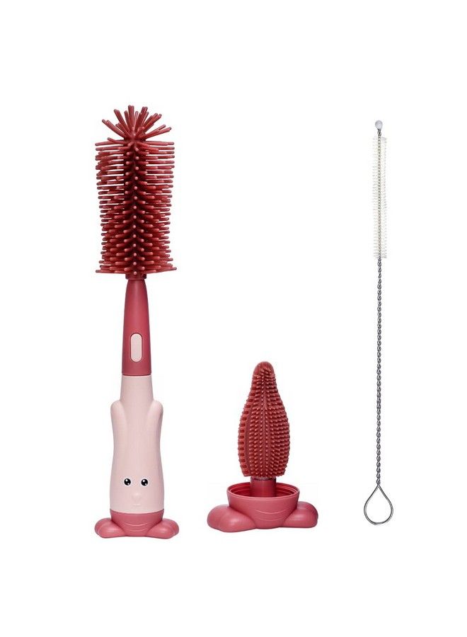 Adore Rabit 3In1 Baby Bottle Brush Silicone Bottle Brush Straw Brush Pacifier Brush Set Water Cup Cleaning Brush (Siliconepink) - Image 2