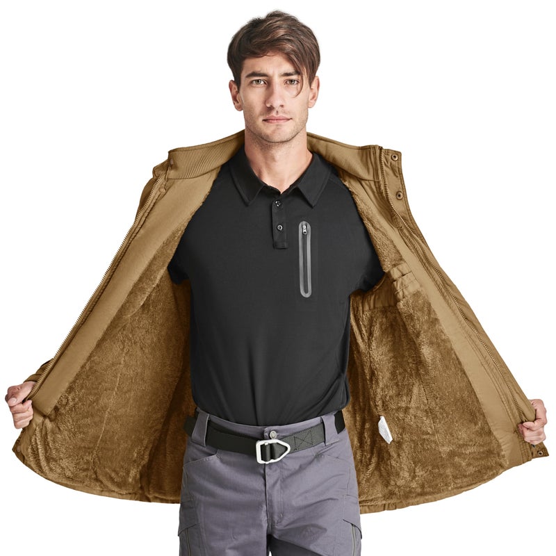 CRYSULLY Men's Winter Jacket Cotton Military Jackets Fleece Lined Thick Warm Cargo Coats Multi-Pocket Outwear with Hooded Khaki M - Image 5