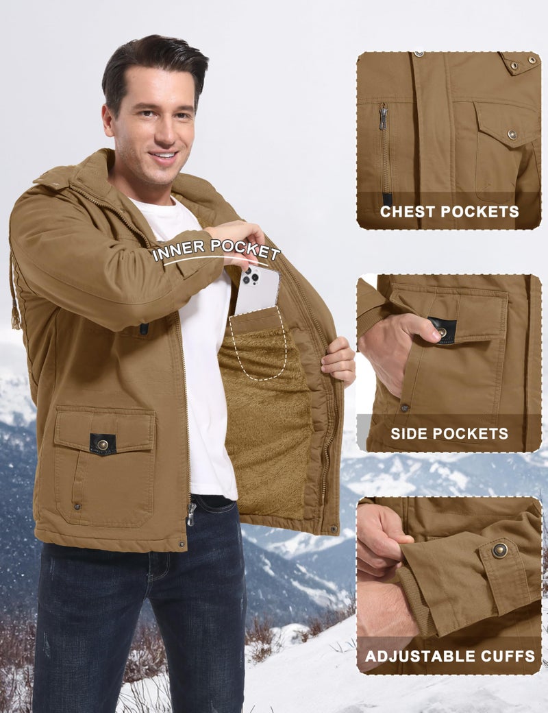 CRYSULLY Men's Winter Jacket Cotton Military Jackets Fleece Lined Thick Warm Cargo Coats Multi-Pocket Outwear with Hooded Khaki M - Image 3