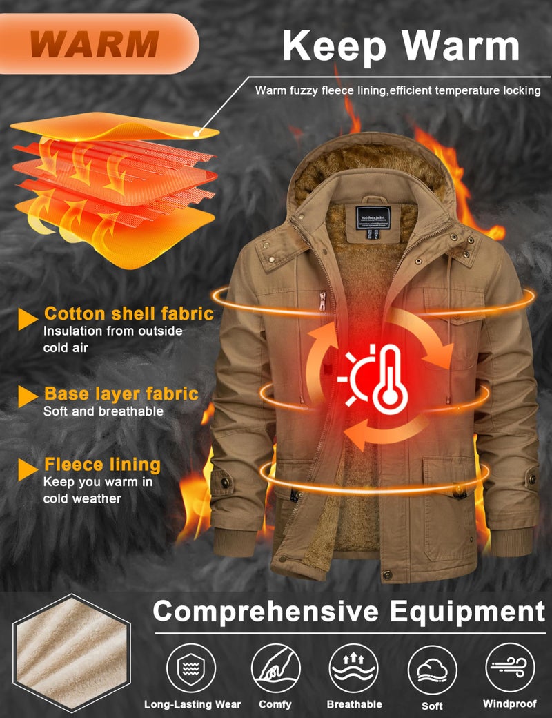CRYSULLY Men's Winter Jacket Cotton Military Jackets Fleece Lined Thick Warm Cargo Coats Multi-Pocket Outwear with Hooded Khaki M - Image 2