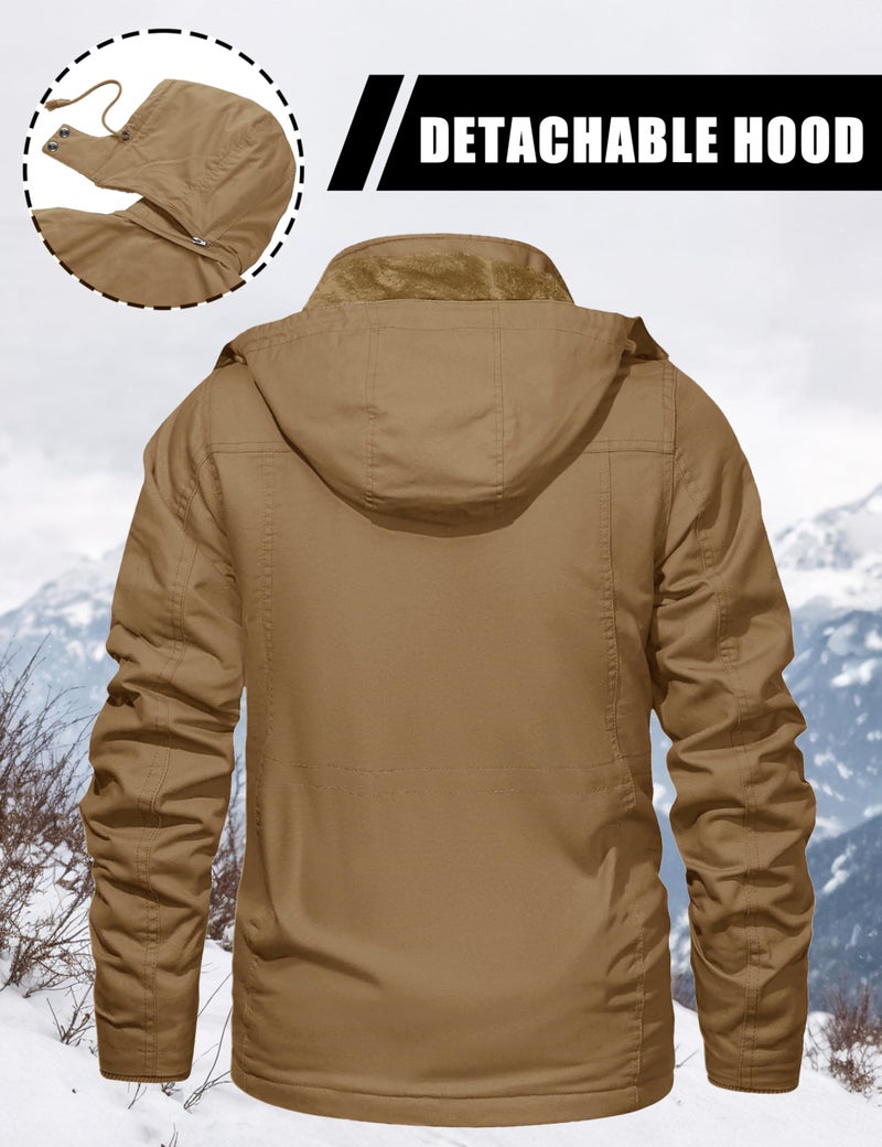 CRYSULLY Men's Winter Jacket Cotton Military Jackets Fleece Lined Thick Warm Cargo Coats Multi-Pocket Outwear with Hooded Khaki M - Image 4