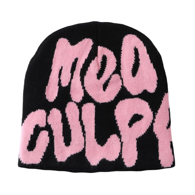 YUERFEILA Women Graphic Beanie Skull Hat MEA Culpa Y2K Knitted Beanie Warm Winter Hat for Gifts (Acrylic, MEA-Black & Pink) - Image 1