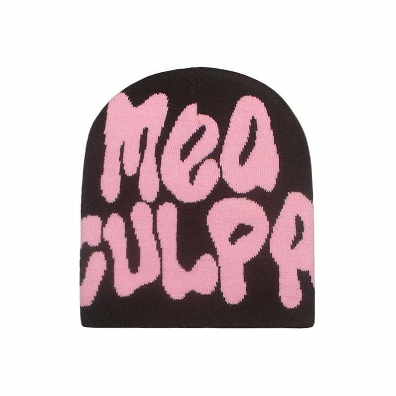 YUERFEILA Women Graphic Beanie Skull Hat MEA Culpa Y2K Knitted Beanie Warm Winter Hat for Gifts (Acrylic, MEA-Black & Pink) - Image 2