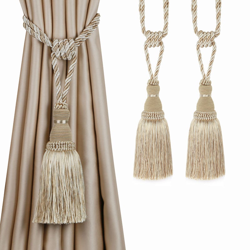 BEL AVENIR 2 Pack Curtain Tiebacks Tassel Drapery Tie-Backs Rope Handmade Holdbacks Home Office Hotel Decorative (Mix Beige, 2 Pack) - Image 1