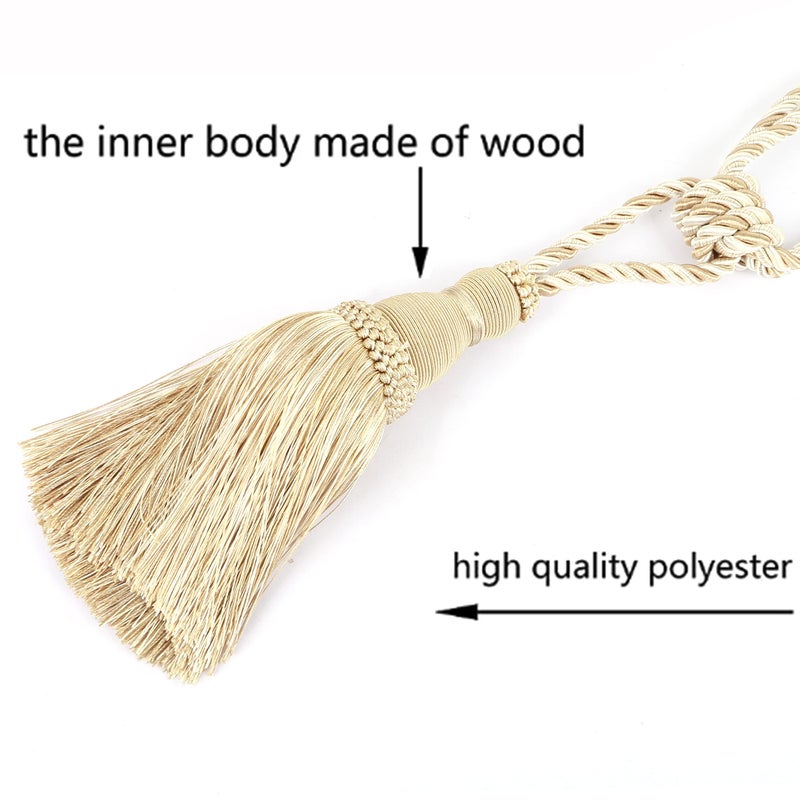 BEL AVENIR 2 Pack Curtain Tiebacks Tassel Drapery Tie-Backs Rope Handmade Holdbacks Home Office Hotel Decorative (Mix Beige, 2 Pack) - Image 2