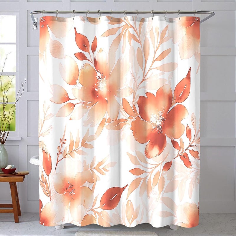 Floral Shower Curtain, Orange Watercolor Flower Shower Curtains for Bathroom 56x72 Inch - Image 2