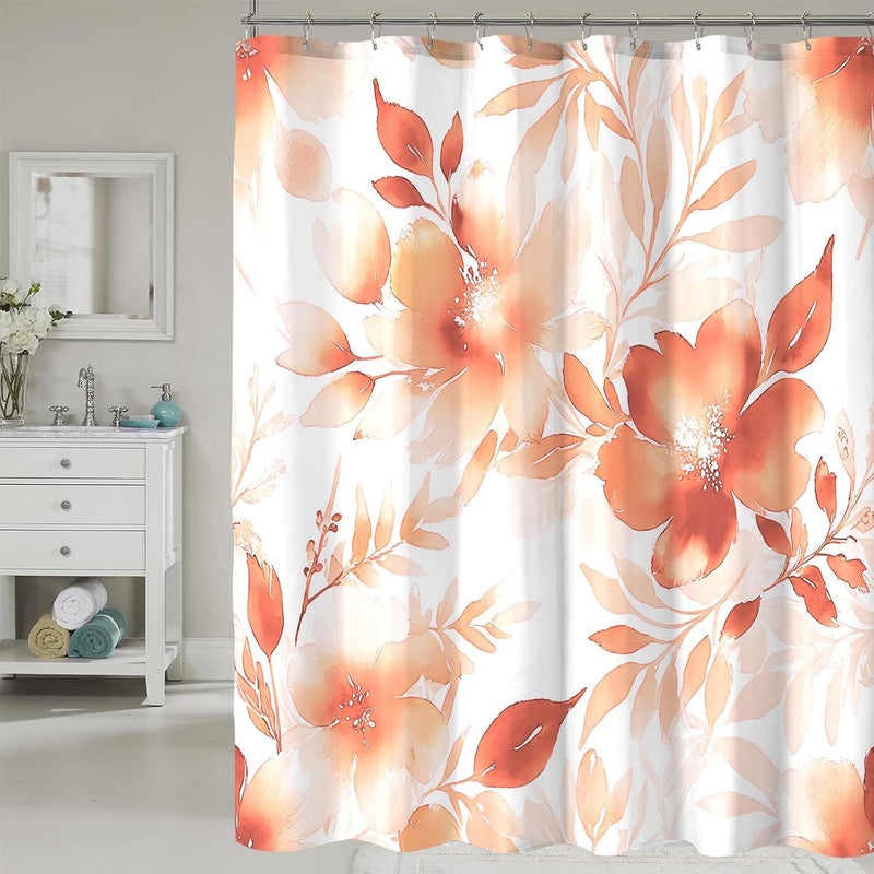 Floral Shower Curtain, Orange Watercolor Flower Shower Curtains for Bathroom 56x72 Inch - Image 1