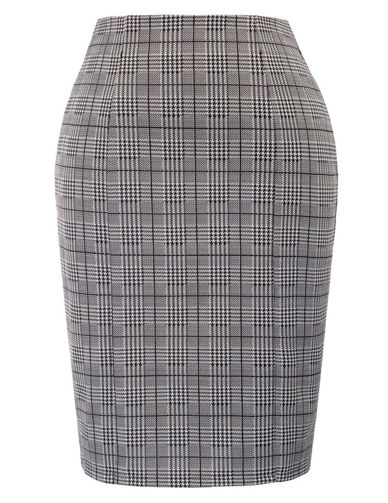 Kate Kasin Womens Knee Length Elastic Waist Stretchy Bodycon Plaid Business Pencil Skirt - Image 1