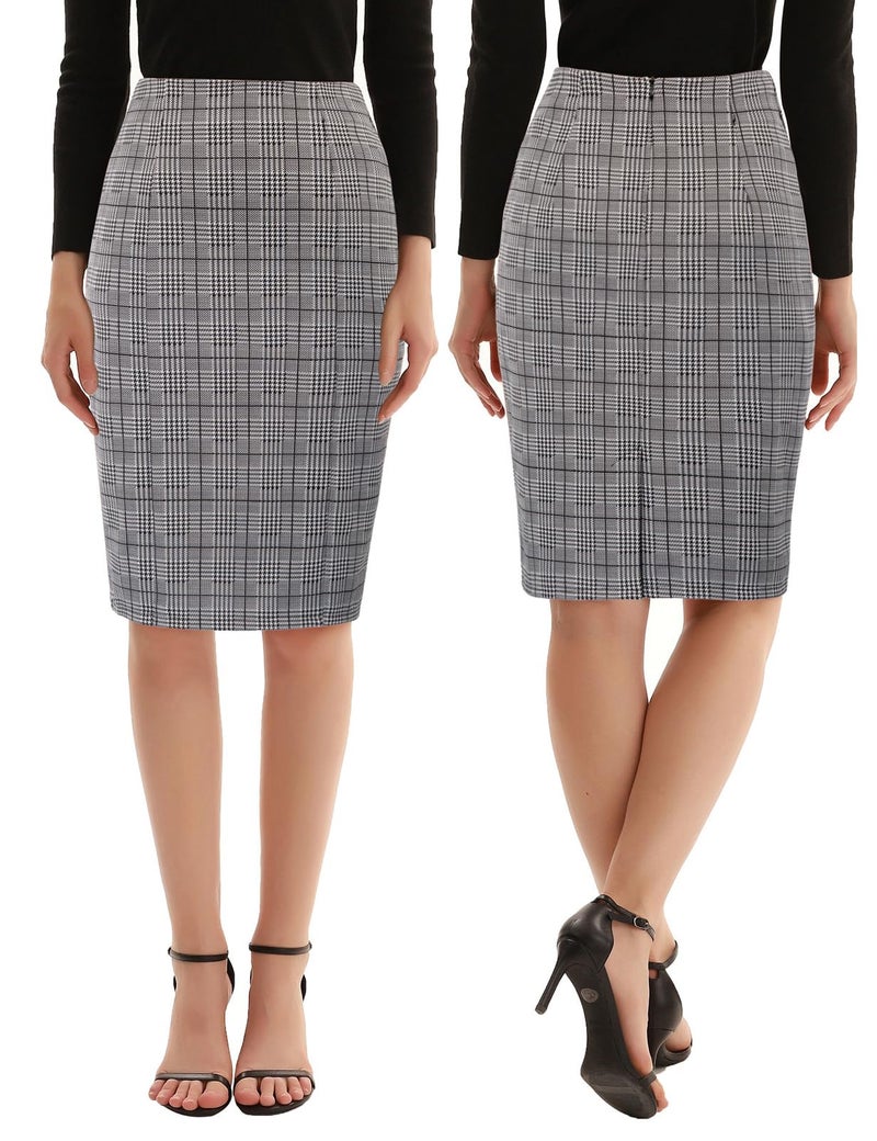 Kate Kasin Womens Knee Length Elastic Waist Stretchy Bodycon Plaid Business Pencil Skirt - Image 3