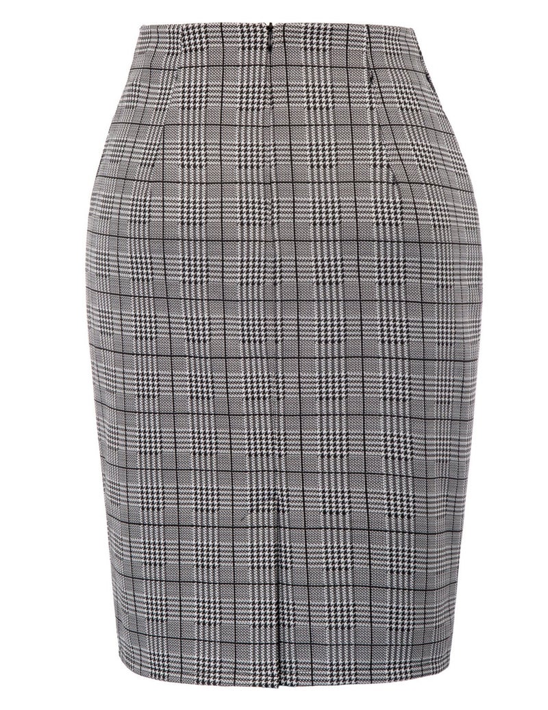 Kate Kasin Womens Knee Length Elastic Waist Stretchy Bodycon Plaid Business Pencil Skirt - Image 2