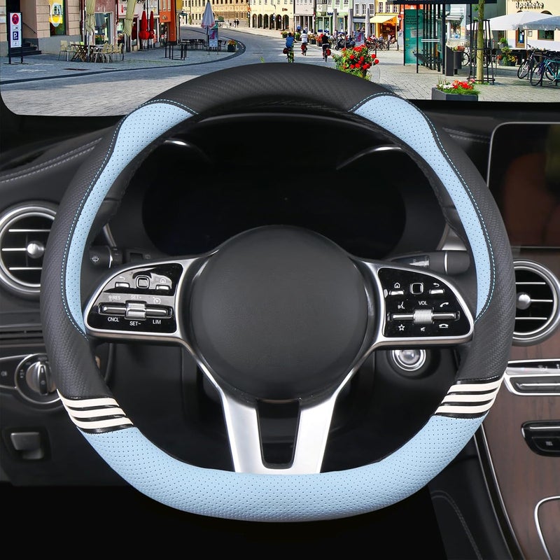 Binsheo Cute Steering Wheel Cover D Shape for Women Men Breathable Universal 15 inch,Black and Blue - Image 1