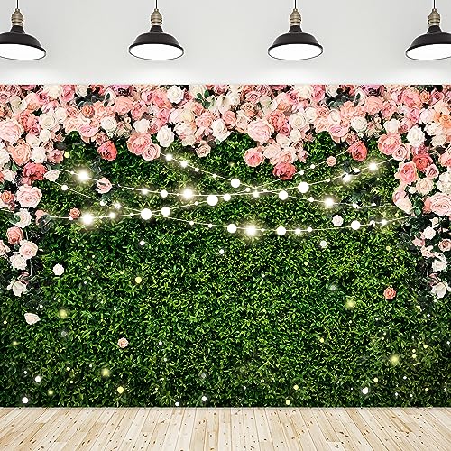 Riyidecor Flower Wall Backdrop 7Wx5H Feet Polyester Fabric Pink Rose Floral Blossom Green Leaves Plant Spring Nature Birthday Women Girls Photography Background Wedding Photo Studio Shoot - Image 1