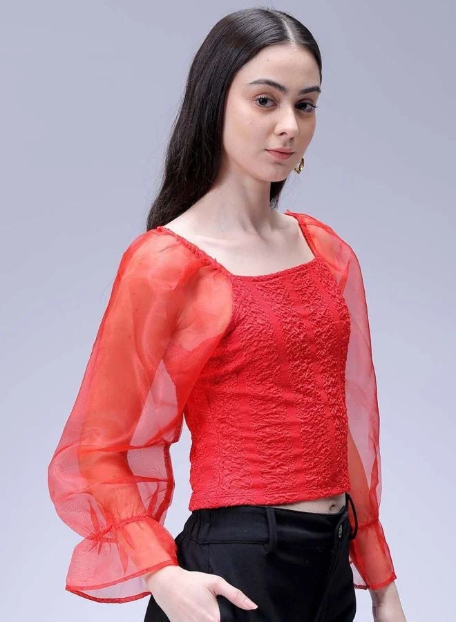 Women Regular Fit Textured Square Neck Long Sleeve Balloon Top