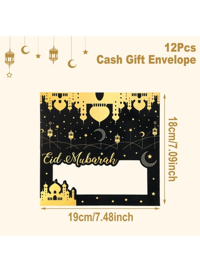 12PCS Black & Gold Moon & Star Windowed Money Cards – Foldable Banknote Gift Cards for Eid, Ramadan, and Festival Party Favors - Image 1