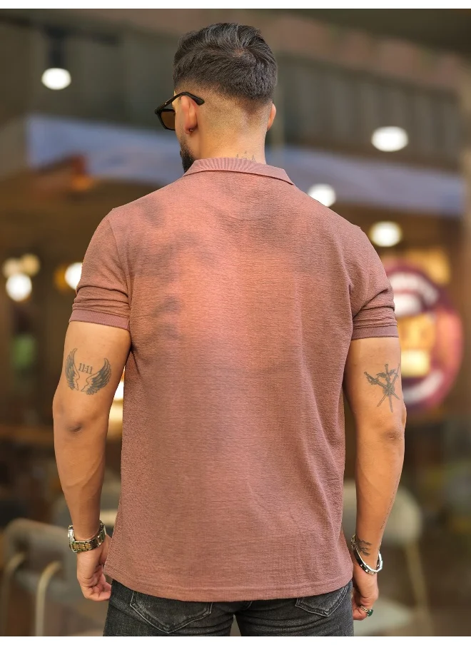 Maniac Mens Solid Polo Neck Half  Zipper Half  Sleeve Brown Slim Fit T-Shirt