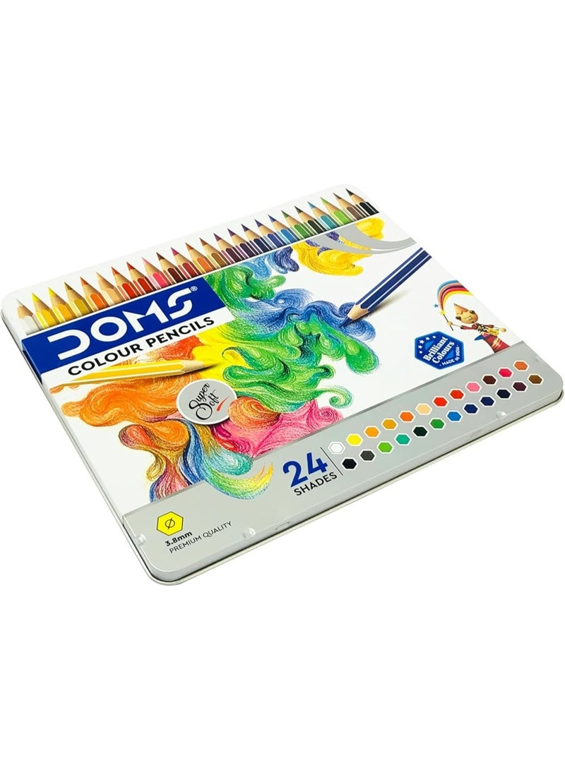 DOMS Colour Pencils 24 Shades | Super Soft | 3.8mm Core | Premium Quality | Tin Box