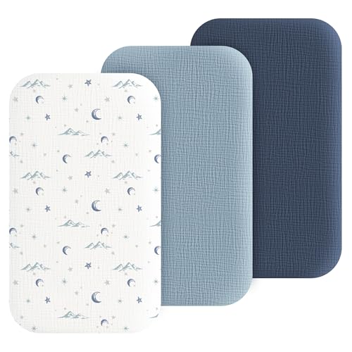 Coreeky Muslin Bedside Sleeper Bassinet Fitted Sheets, 3 Pack Cotton Baby Sheet for Boys & Girls, Soft, Compatible with Baby Delight, Dream On Me, AMKE and Other Rectangle Mattress (Nightfall Blue) - Image 1