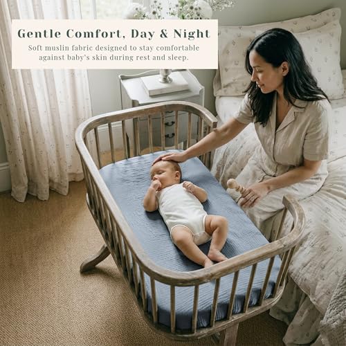 Coreeky Muslin Bedside Sleeper Bassinet Fitted Sheets, 3 Pack Cotton Baby Sheet for Boys & Girls, Soft, Compatible with Baby Delight, Dream On Me, AMKE and Other Rectangle Mattress (Nightfall Blue) - Image 2
