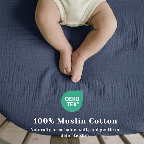 Coreeky Muslin Bedside Sleeper Bassinet Fitted Sheets, 3 Pack Cotton Baby Sheet for Boys & Girls, Soft, Compatible with Baby Delight, Dream On Me, AMKE and Other Rectangle Mattress (Nightfall Blue) - Image 4