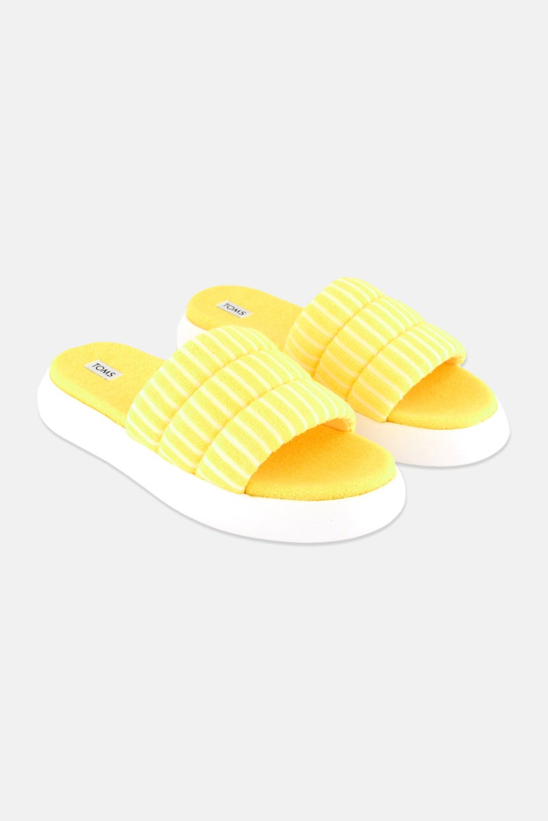TOMS Women Striped Terry Slip On Slides, Yellow - Image 1