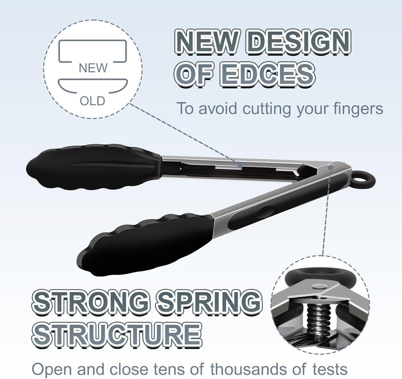 JIDSPWLS طقم من 2 ملقط مطبخ أسود من الفولاذ المقاوم للصدأ مقاوم للحرارة، مجموعة من 9" و 12"، طرف ملقط سيليكون غير خشن لطهي المقالي، ملقط شواء بقوة قبض قوية لالتقاط الطعام الساخن - Image 4