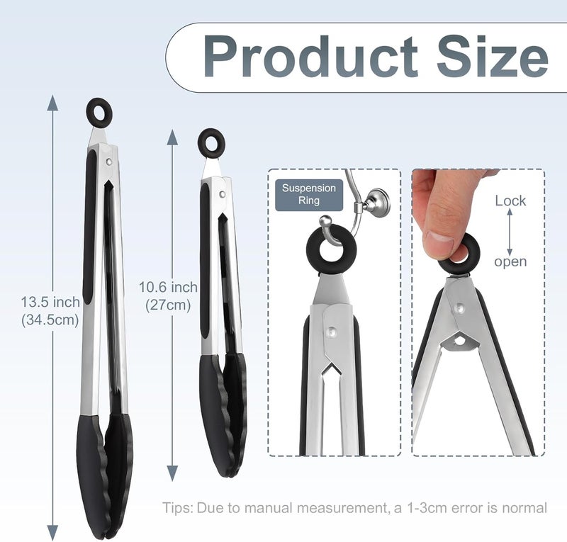 JIDSPWLS طقم من 2 ملقط مطبخ أسود من الفولاذ المقاوم للصدأ مقاوم للحرارة، مجموعة من 9" و 12"، طرف ملقط سيليكون غير خشن لطهي المقالي، ملقط شواء بقوة قبض قوية لالتقاط الطعام الساخن - Image 2