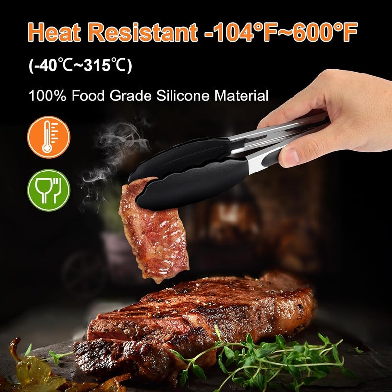 JIDSPWLS طقم من 2 ملقط مطبخ أسود من الفولاذ المقاوم للصدأ مقاوم للحرارة، مجموعة من 9" و 12"، طرف ملقط سيليكون غير خشن لطهي المقالي، ملقط شواء بقوة قبض قوية لالتقاط الطعام الساخن - Image 3