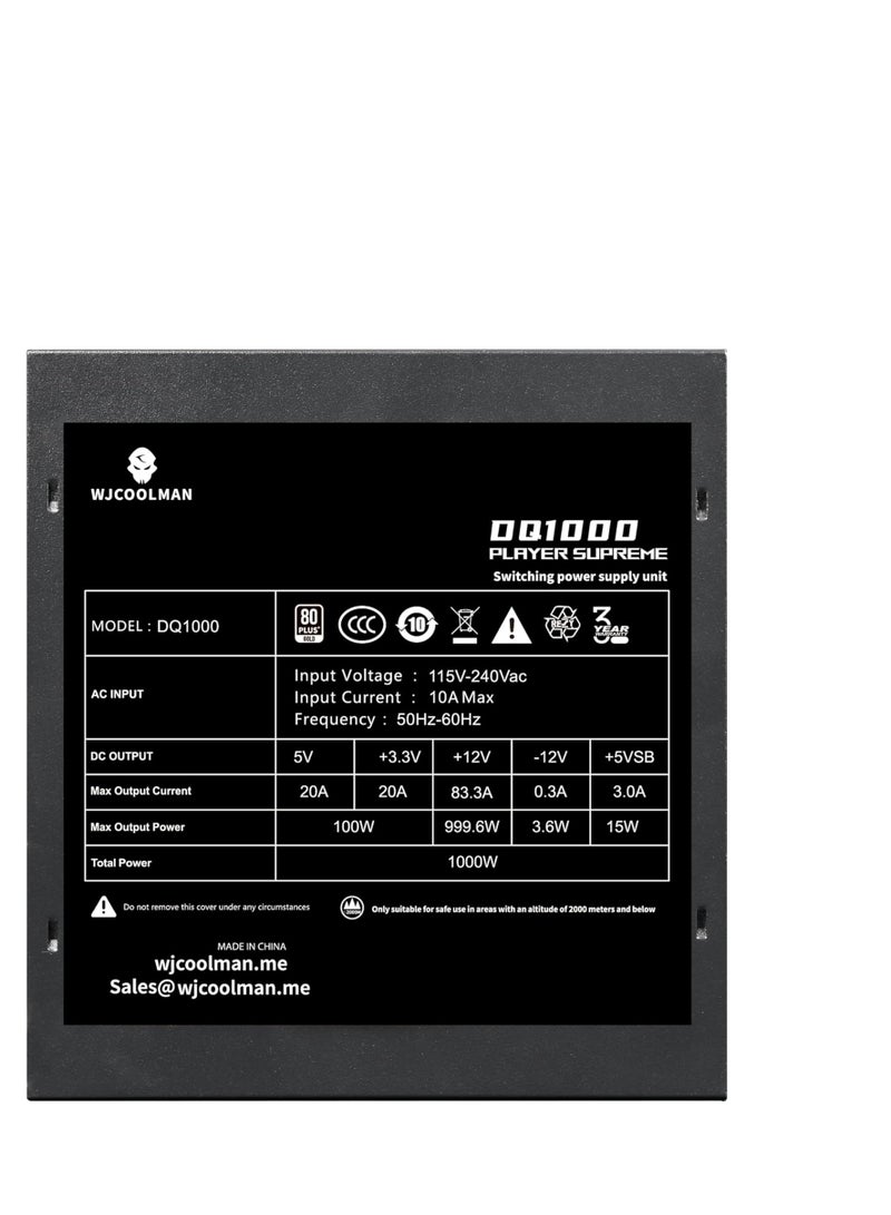 WJCOOLMAN مزود طاقة DQ1000 1000W 80+ ذهبى – ATX 3.0 و PCIe Gen 5 أسود (أسود) - Image 4
