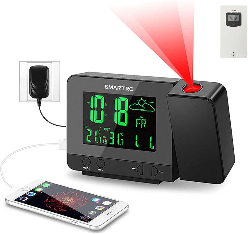 SMARTRO SC31B Digital Projection Alarm Clock with Weather Station, Indoor Outdoor Thermometer for Bedrooms, USB Charger, AC Battery Operated - Image 1
