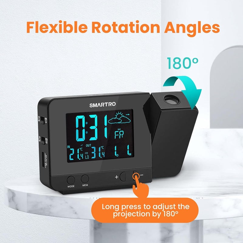 SMARTRO SC31B Digital Projection Alarm Clock with Weather Station, Indoor Outdoor Thermometer for Bedrooms, USB Charger, AC Battery Operated - Image 4