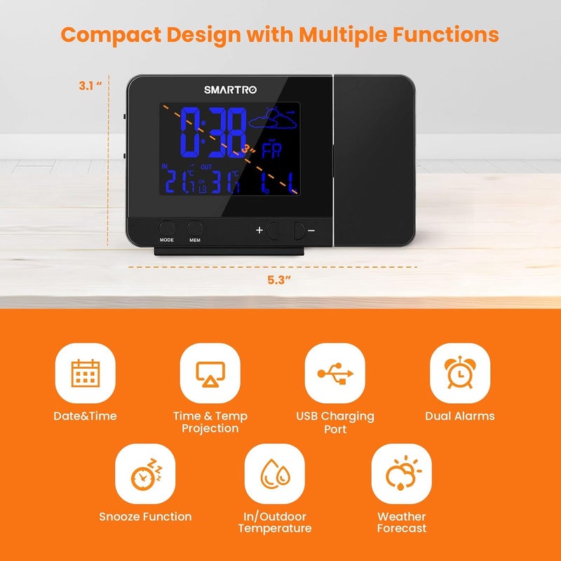 SMARTRO SC31B Digital Projection Alarm Clock with Weather Station, Indoor Outdoor Thermometer for Bedrooms, USB Charger, AC Battery Operated - Image 3