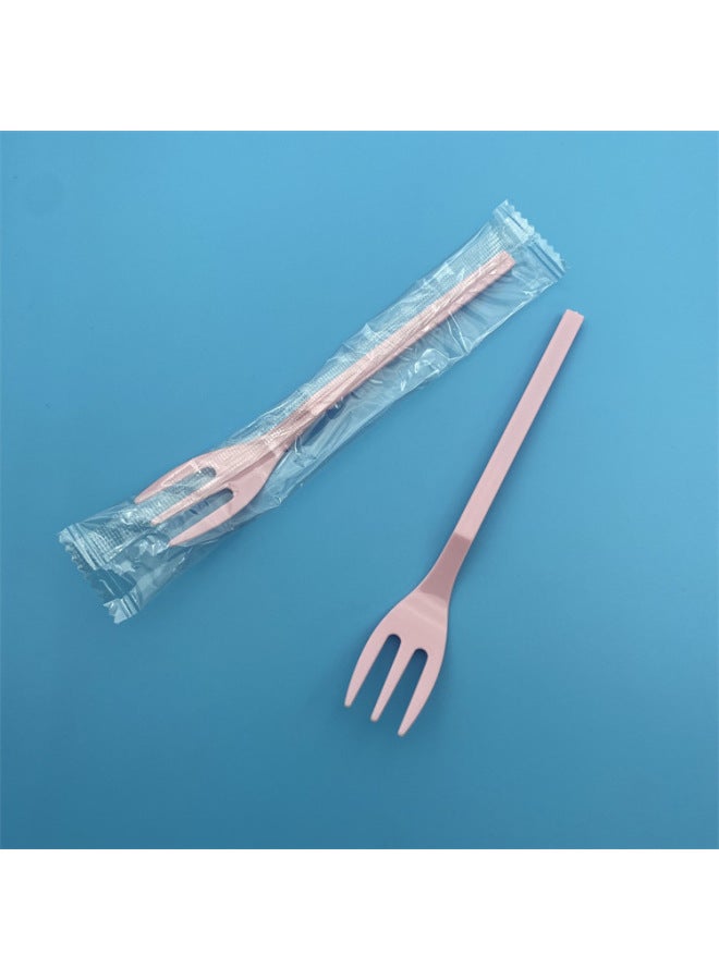Plastic Three-tooth Fork Disposable Fork Individual Packaging Thickened Canned Fruit Fork Disposable Tableware Fork-Specifications:Bulk-Color:Pink 14cm Short Handle Three Tooth Fork - Image 1