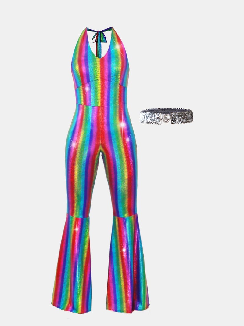 Nawgut Disco Outfit 70s 80s Prom Sparkle Flare Jumpsuit Party Costume Halloween Cosplay For Adult Women-Small - Image 2