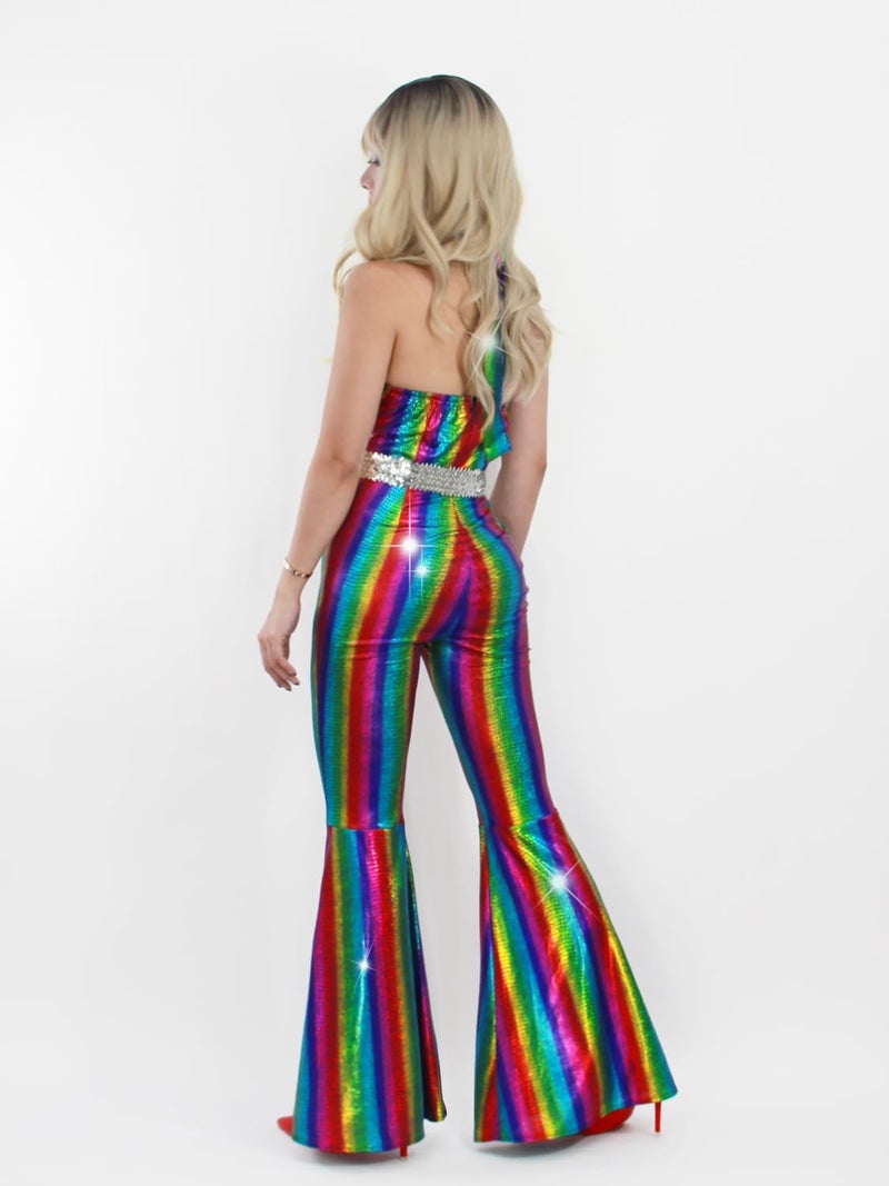 Nawgut Disco Outfit 70s 80s Prom Sparkle Flare Jumpsuit Party Costume Halloween Cosplay For Adult Women-Small - Image 3